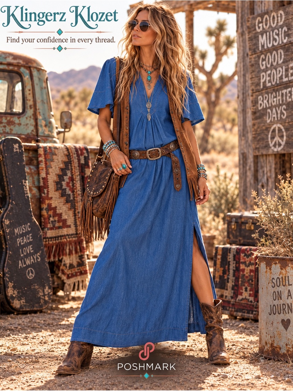 Pomander Place Tuckernuck Finley Blue Chambray Flutter Sleeve Maxi Dress L